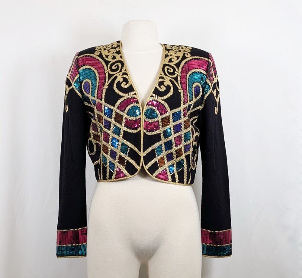 St. John Evening Jacket Cropped Santana Knit Embellished Women's Size 12 Flaws